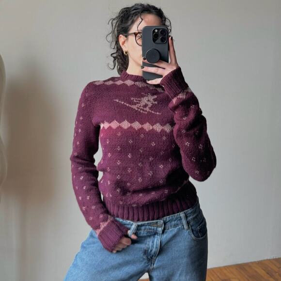 Vintage Sweaters - Vintage 1940's Handmade Women's Nordic Ski Sweater